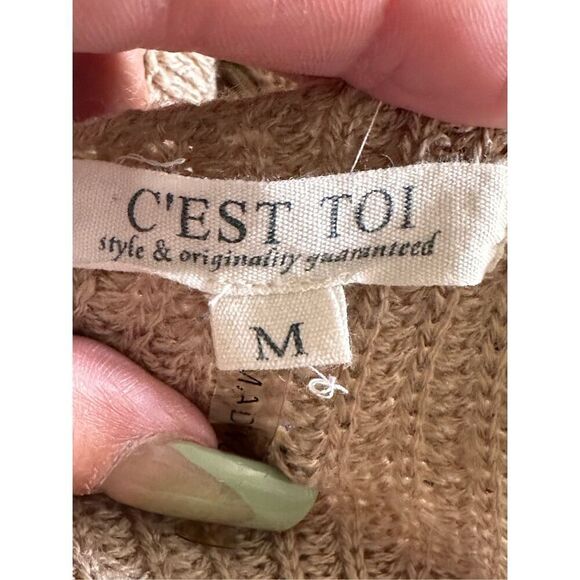 C’est Toi Womens Crop Top Light Brown Tan Open Knit Round Neck Long Sleeve Sweat - Picture 2 of 5